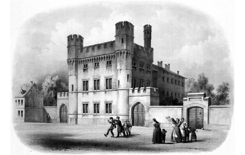 Historische Zeichnung "Municipal-Gefängniss in Cöln" (heutige Spinnmühlengasse in Köln-Altstadt-Süd) aus dem "Atlas zur Zeitschrift für Bauwesen", Jg. XIV, Berlin 1864.
