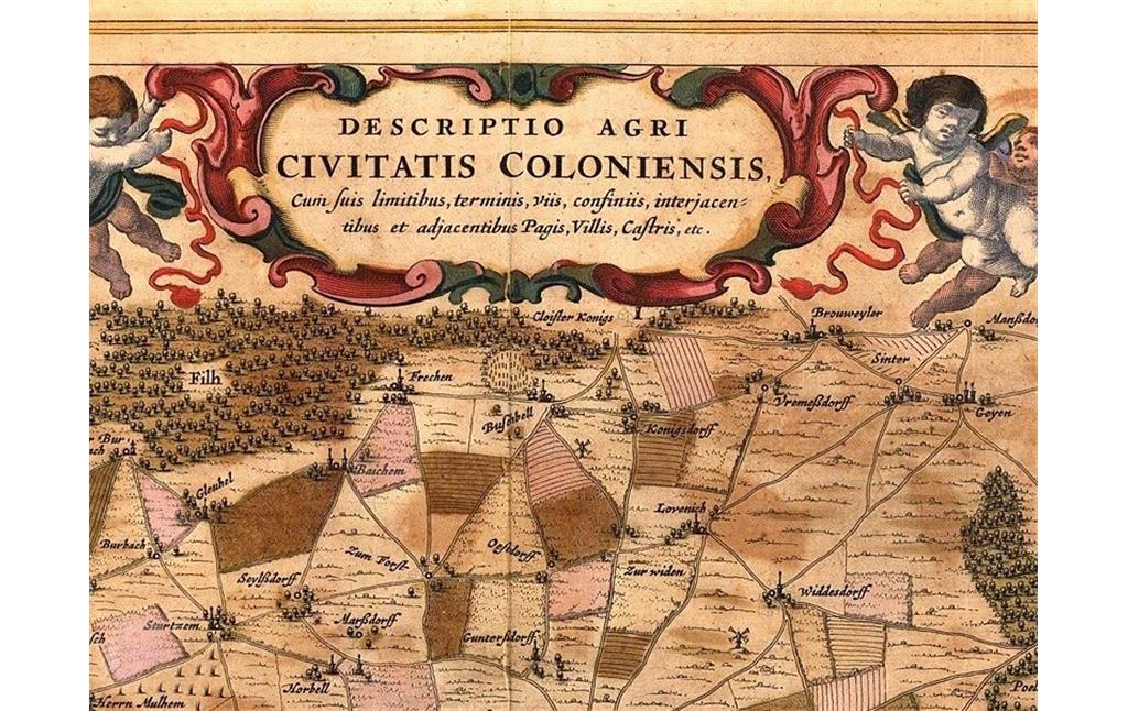 Ausschnitt eines Kupferstichs von Joan Blaeu (1596-1673), die auf 1663 datierte Karte "Descriptio Agri Civitatis Coloniensis" zeigt die Umgebung von Köln.