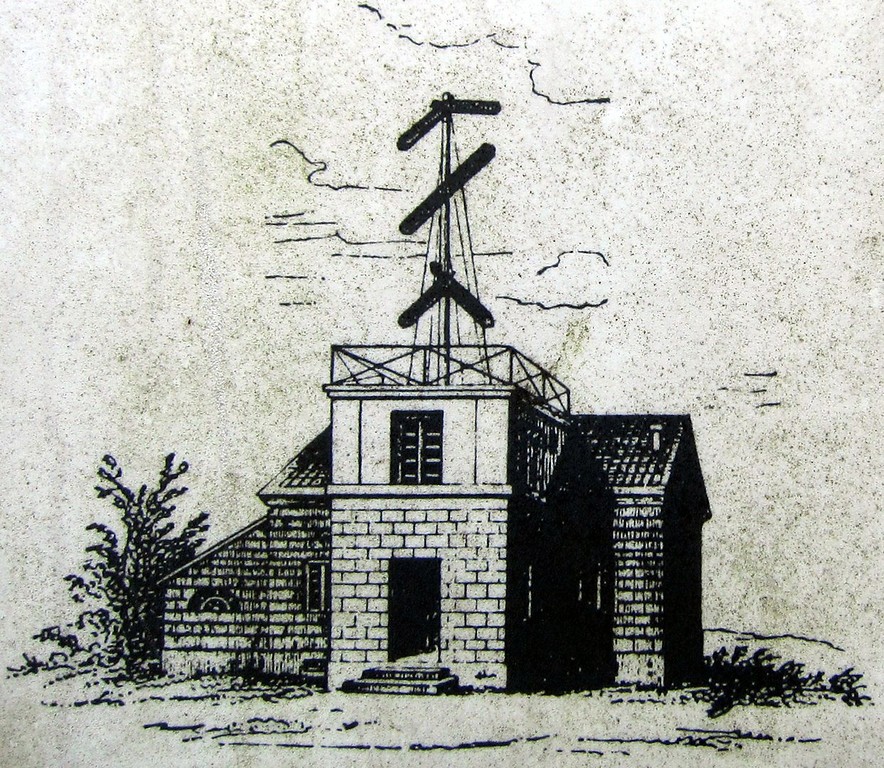 Historische Zeichnung: Die Telegrafenstation auf dem Telegrafenberg (Rodderberg) in der Wahner Heide (undatiert, vermutlich erste Hälfte des 20. Jahrhunderts).