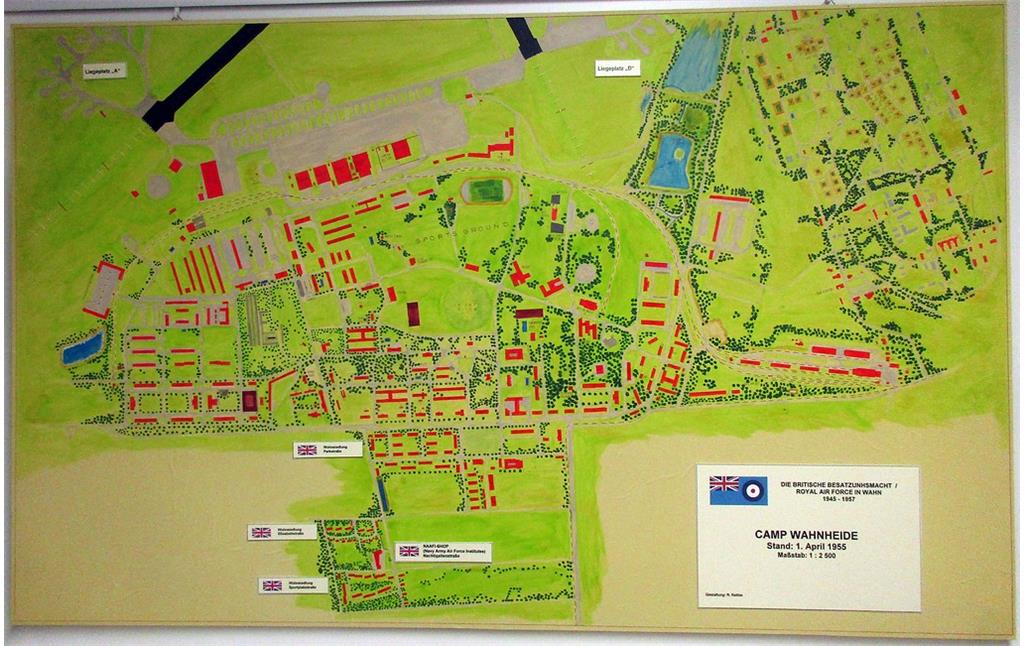 Lageplan "Camp Wahnheide": Kaserne und Schießplatz Wahn 1955 gegen Ende der Nutzung durch die britische Royal Air Force (2019).  Rechts der Bildmitte liegt der Bereich der Scheuermühle.