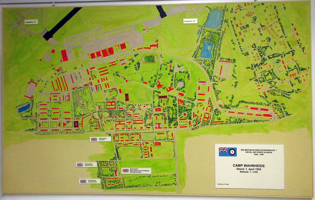 Lageplan "Camp Wahnheide": Kaserne und Schießplatz Wahn 1955 gegen Ende der Nutzung durch die britische Royal Air Force (2019).  Rechts der Bildmitte liegt der Bereich der Scheuermühle.