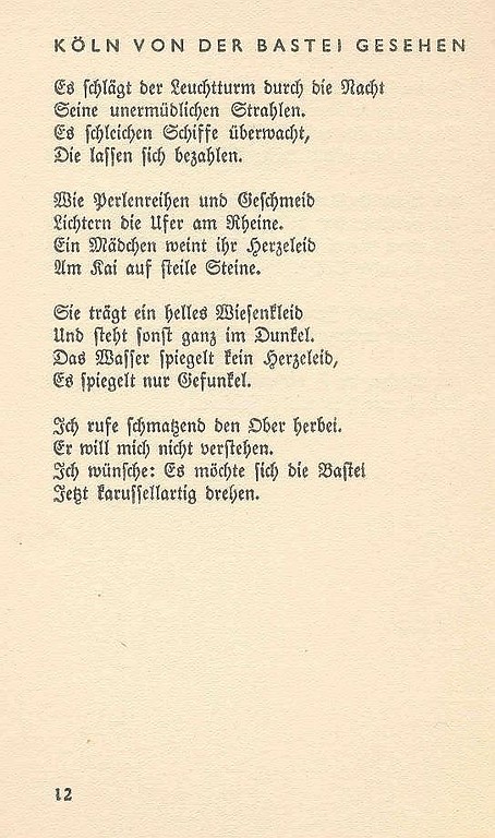 Gedicht von Joachim Ringelnatz "Köln von der Bastei gesehen" (1932).