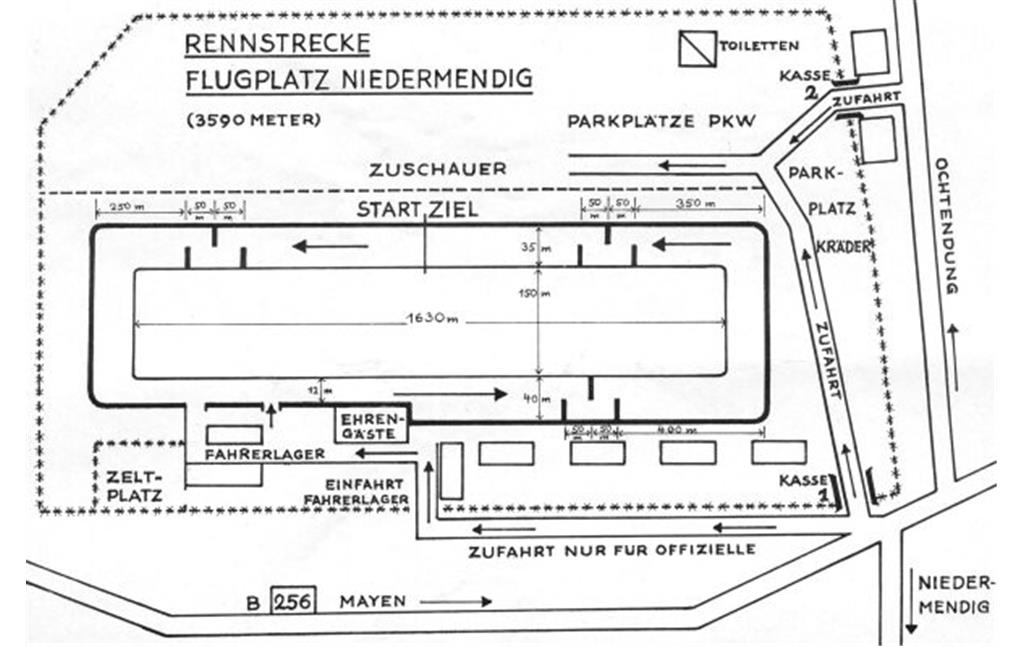 Zeitgenössischer Streckenplan des Kurses der "Flugplatzrennen Mendig" auf der Motorsport-Rennstrecke auf dem Heeresflugplatz Niedermendig (1971), die abgebildete Runde ist nicht maßstabsgetreu.