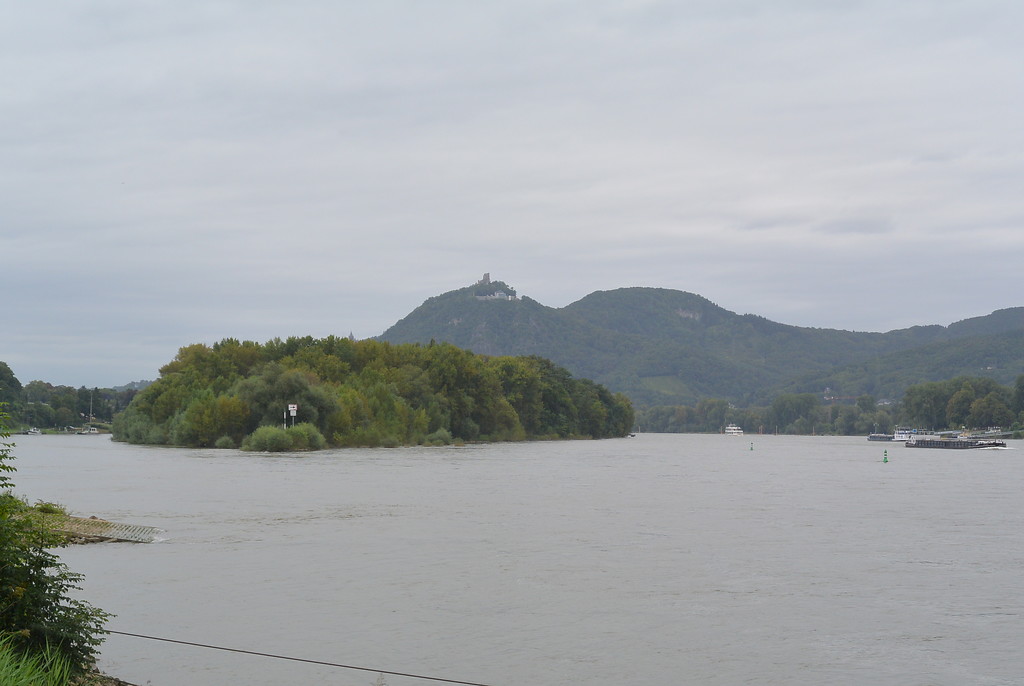 Blick auf die Rheininseln Nonnenwerth und Grafenwerth bei Remagen-Rolandseck. Im Hintergrund der Berg Drachenfels im Siebengebirge mit der gleichnamigen Burgruine (2014).