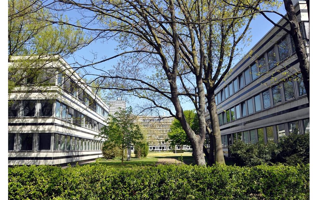 Zwei der Atriumhäuser der Allinzbauten am Tulpenfeld in Bonn von der Friedrich-Ebert-Allee aus gesehen (2015)