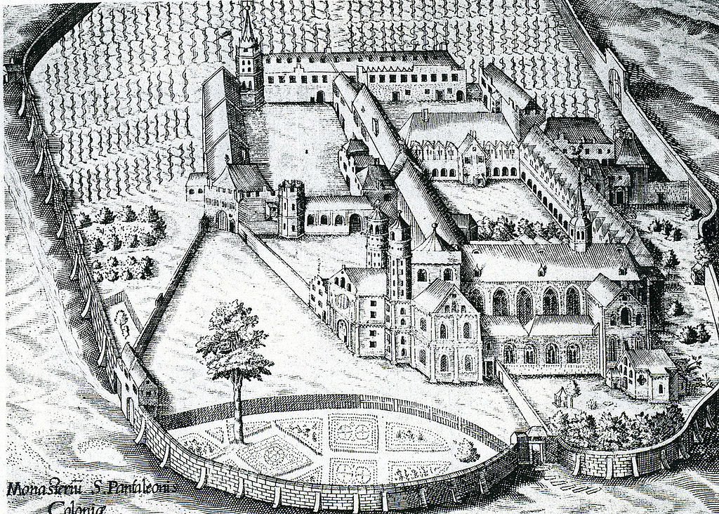 Historische Ansicht der Abtei St. Pantaleon in Köln ("Monasterium S. Pantaleonis Colonia") aus dem Jahr 1625