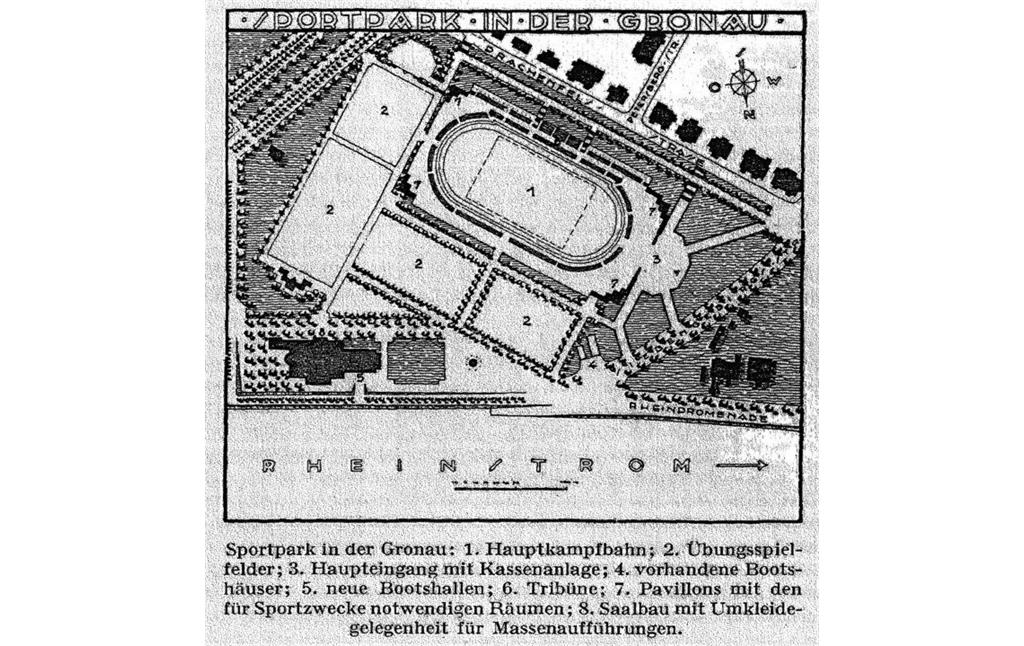 Lageplan zu den Sportanlagen und weiteren Einrichtungen im "Sportpark in der Gronau" in Bonn (1928).