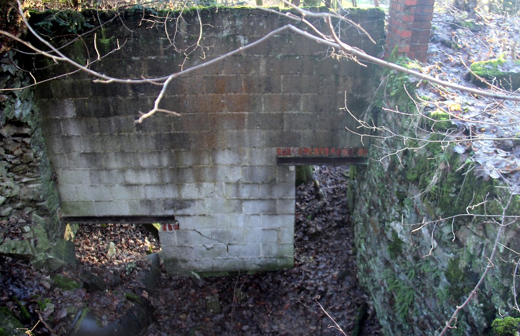 Die Ruine des Hochofens der ehemaligen Eisenhütte in Abentheuer, Innenansicht von oben (2015).