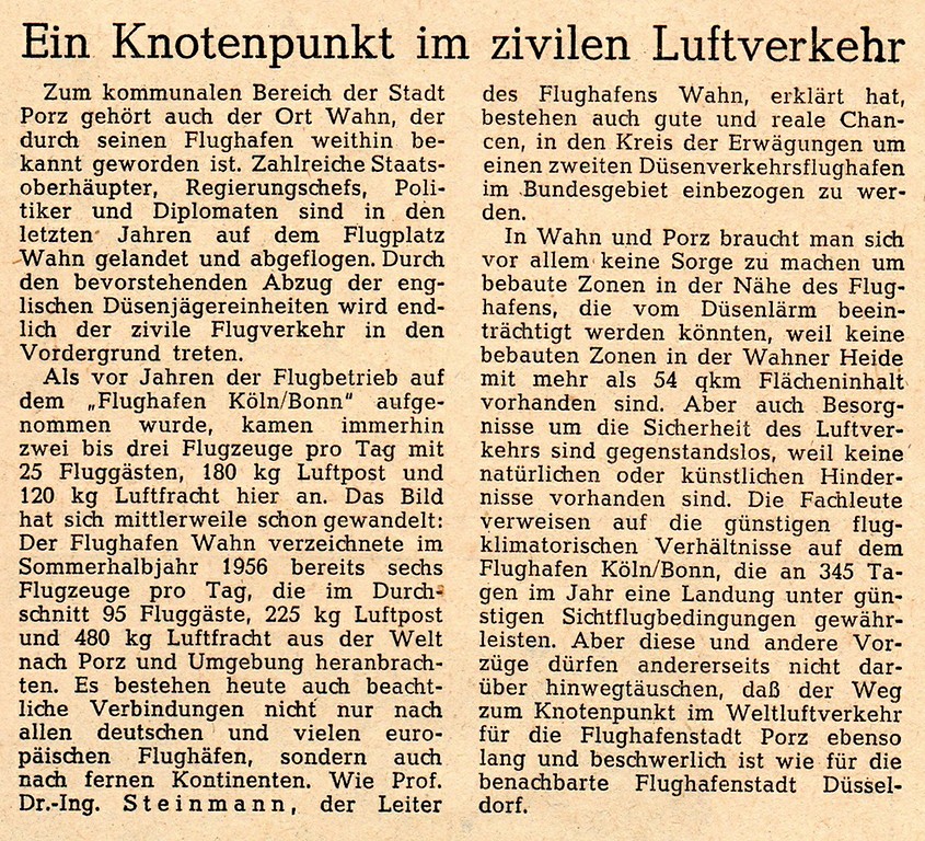 Zeitungsartikel "Ein Knotenpunkt im zivilen Luftverkehr" zum seit wenigen Jahren in Betrieb befindlichen Flughafen Köln/Bonn (1957).