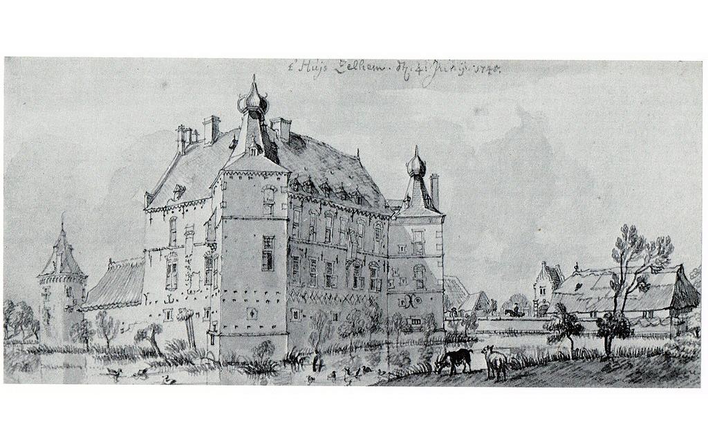 Burg Zelem als Federzeichnung von Jan de Beijer von 1745