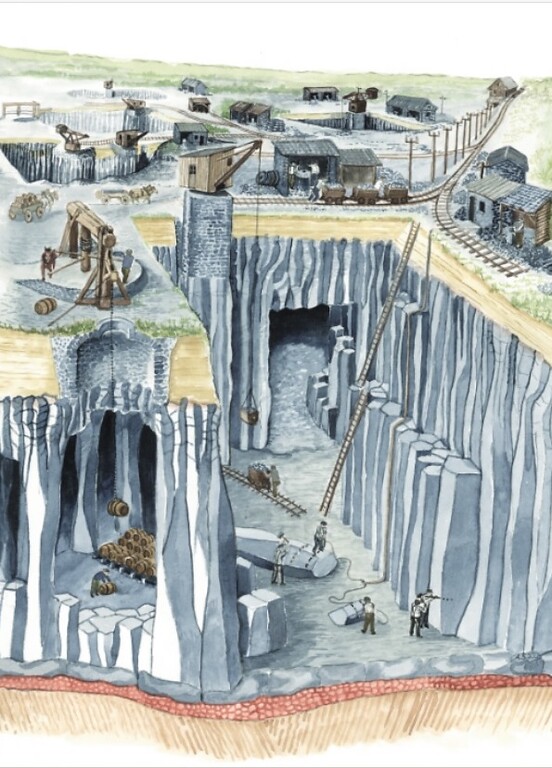 Darstellung des frühindustriellen Tagebaus im Basaltlavaabbau von ca. 1850-1959