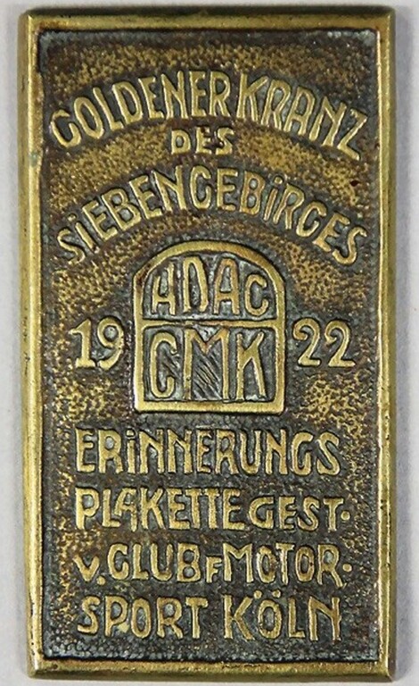Erinnerungsplakette zum Motorradrennen "Goldener Kranz des Siebengebirges" am 1. Oktober 1922.