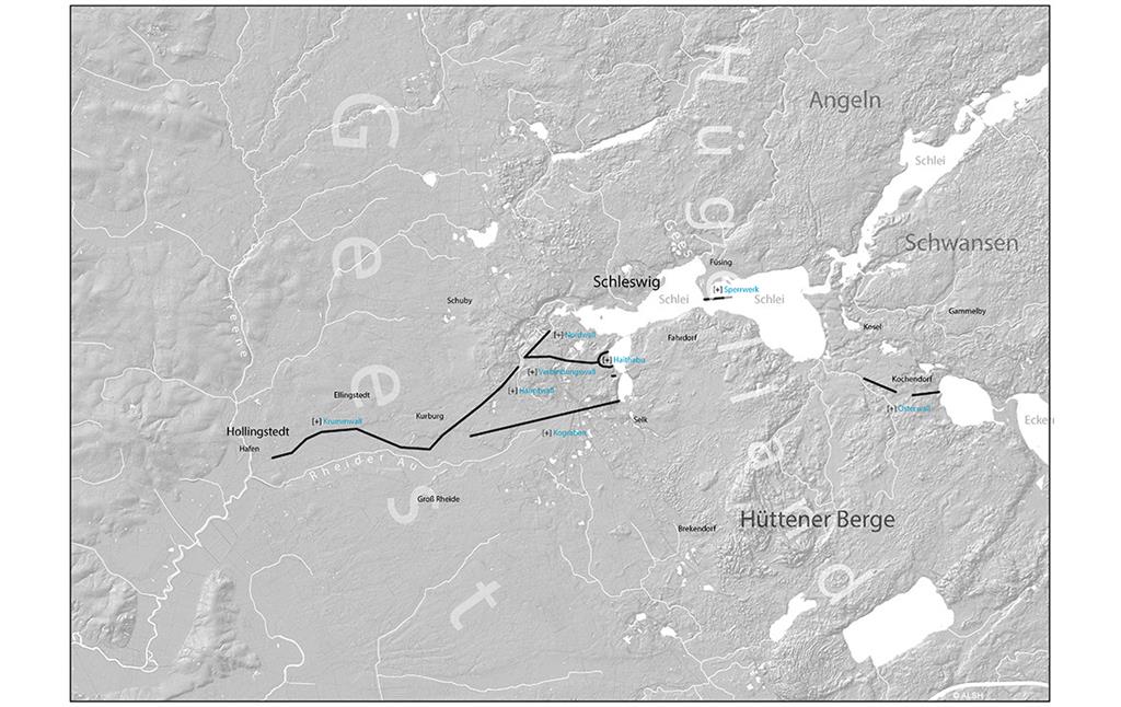 Die wichtigsten Abschnitte, Orte und topographischen Elemente der Grenzlandschaft von Haithabu und Danwerk im Überblick.