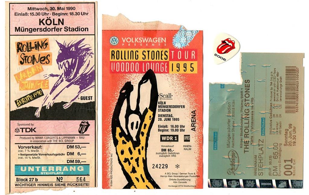 Eintrittskarten zu Konzerten der 'Rolling Stones' im Müngersdorfer Stadion in Köln aus den Jahren 1990, 1995 und 1999.
