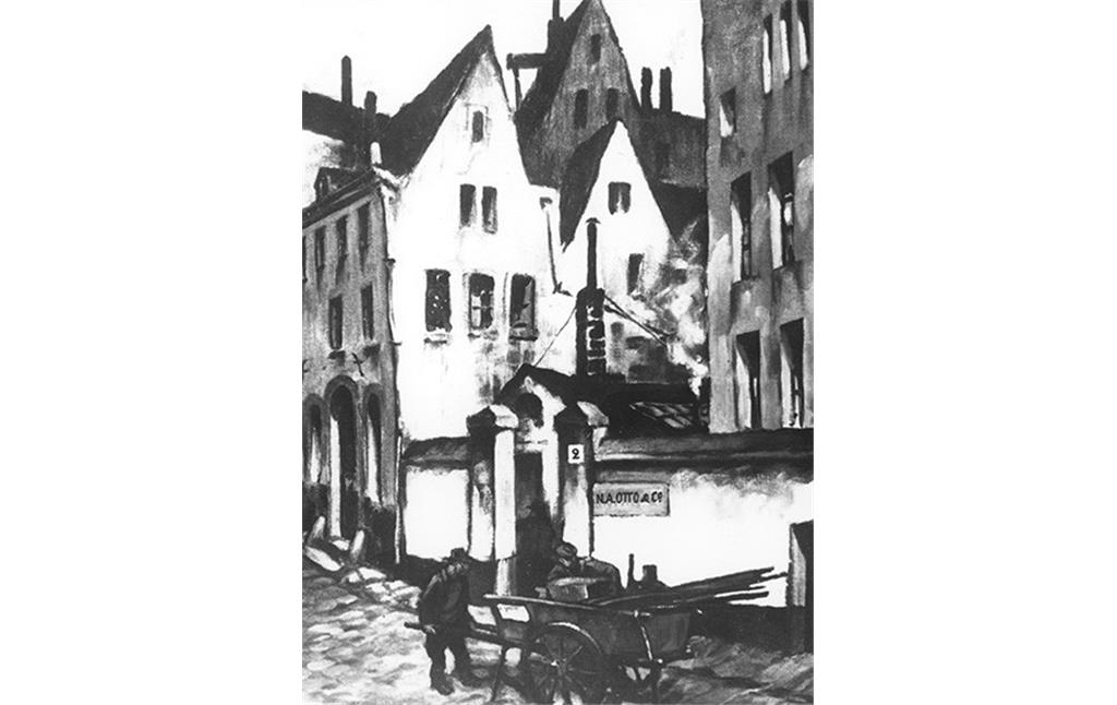 Undatierte Zeichnung des Fabrikationsgebäudes der Firma N. A. Otto & Cie. in der Servasgasse Nr. 2 in Köln.