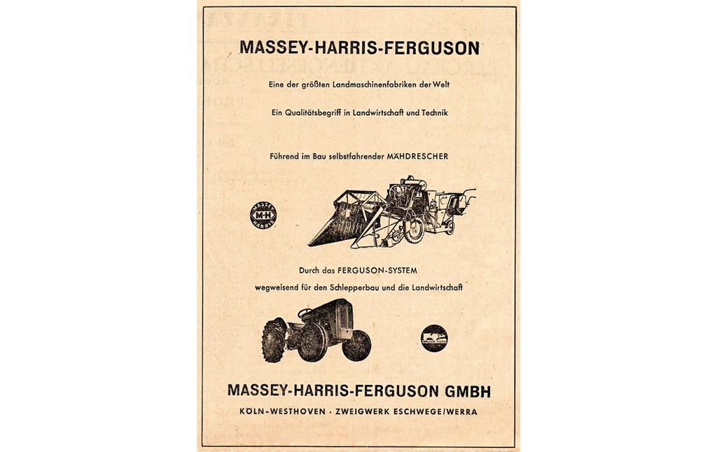 Werbeanzeige der Landmaschinenfabrik Massey-Harris-Ferguson in Köln-Westhoven (1957).