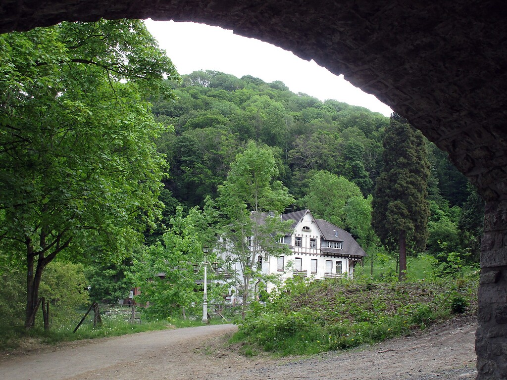 Blick auf den Burghof am Westhang des dahinter liegenden Berges Wolkenburg in Königswinter (2020).