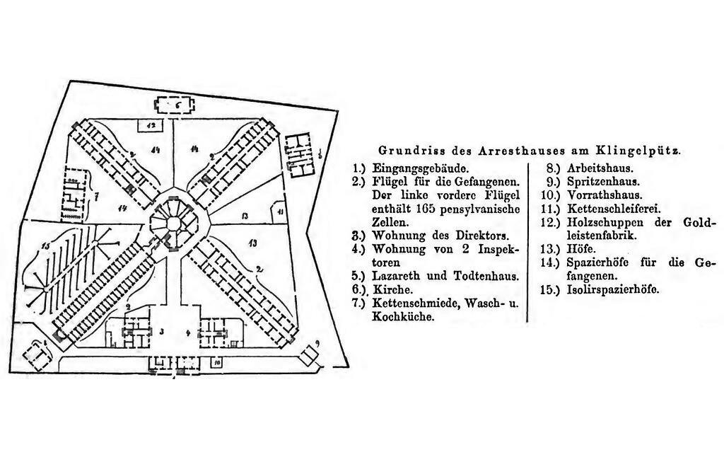 Historische Zeichnung "Grundriss des Arresthauses am Klingelpütz" mit Bezeichnung der einzelnen Areale des historischen Gefängnisbaus in Köln (aus: Ph. M. Klein, Der Wanderer durch Köln, 1863).