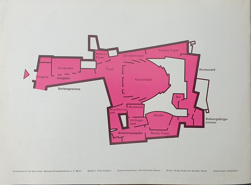 Grundriss und Raumplan der Bonner Beethovenhalle auf der Rückseite des Programms zum dort stattfindenden Bundes-Presseball 1972.