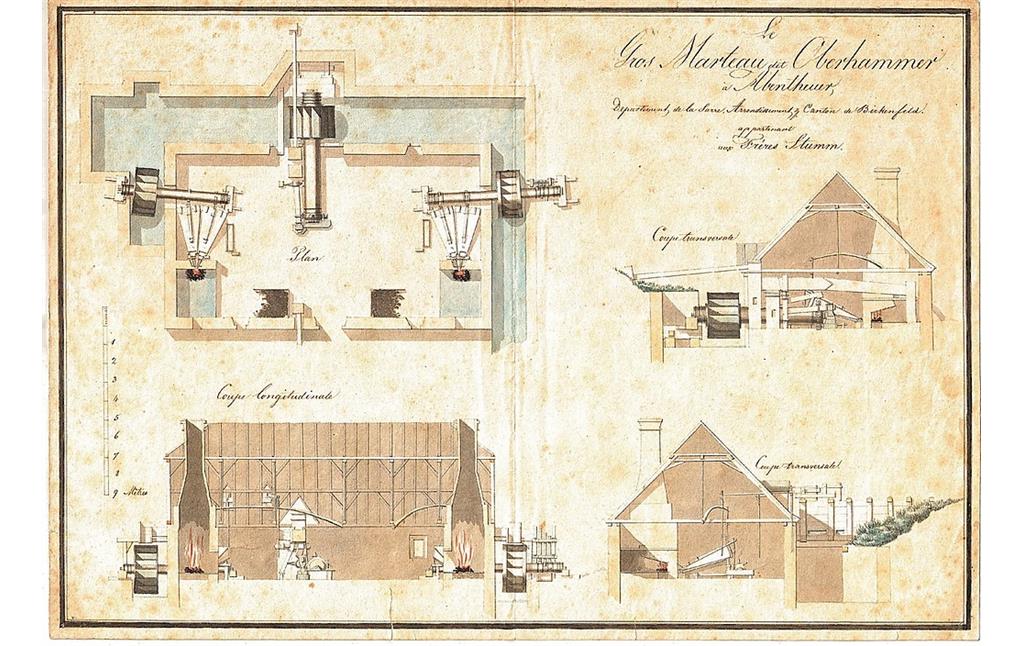 Historische Planzeichnung des Großen Hammers der Eisenhütte Abentheuer (undatiert, vermutlich um 1786)