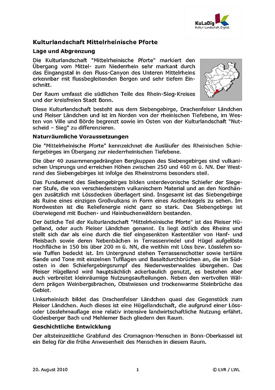 Beschreibender Text zur Kulturlandschaft "Mittelrheinische Pforte" in Nordrhein-Westfalen
