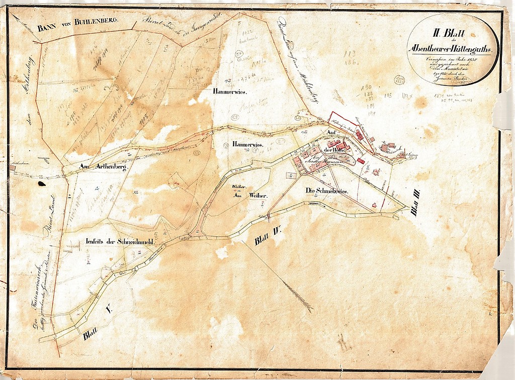 Historische Planzeichnung der Eisenhütte Abentheuer (1835)