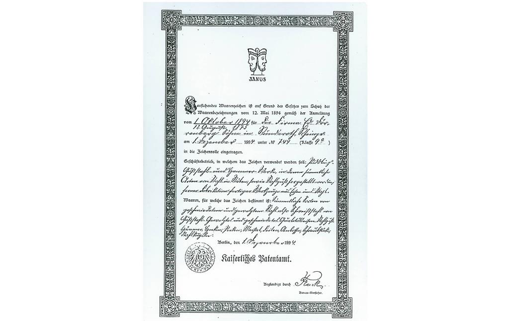 Patenteintrag für das Warenzeichen Januskopf aus dem Jahre 1894