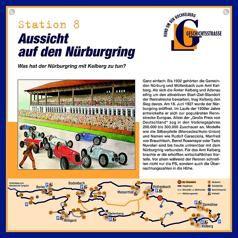 Schautafel der Geschichtsstraße Kelberg zur Aussicht auf den Nürburgring (Station 8).