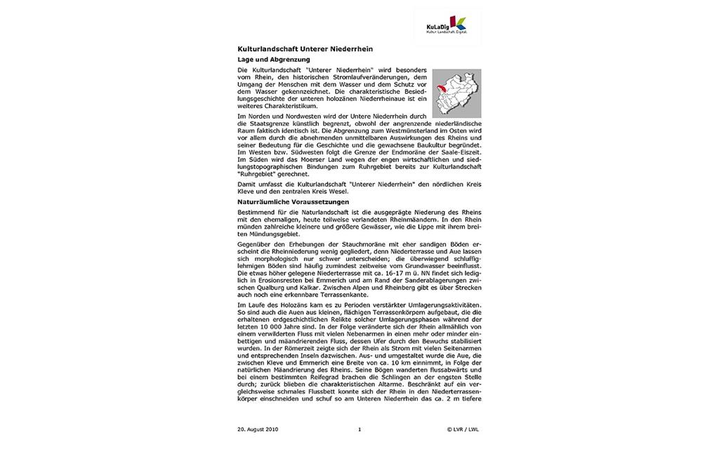 Beschreibender Text zur Kulturlandschaft "Unterer Niederrhein" in Nordrhein-Westfalen