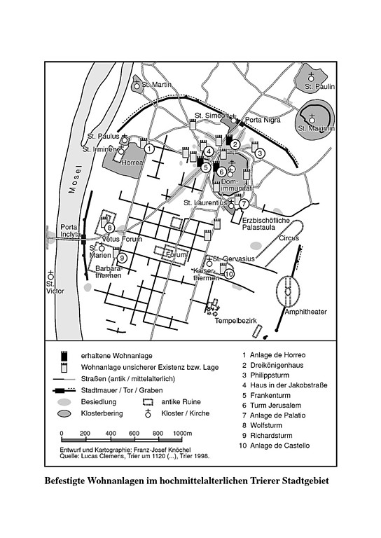 Karte "Befestigte Wohnanlagen im hochmittelalterlichen Trierer Stadtgebiet" (2002, PDF-Datei, 41 kB)