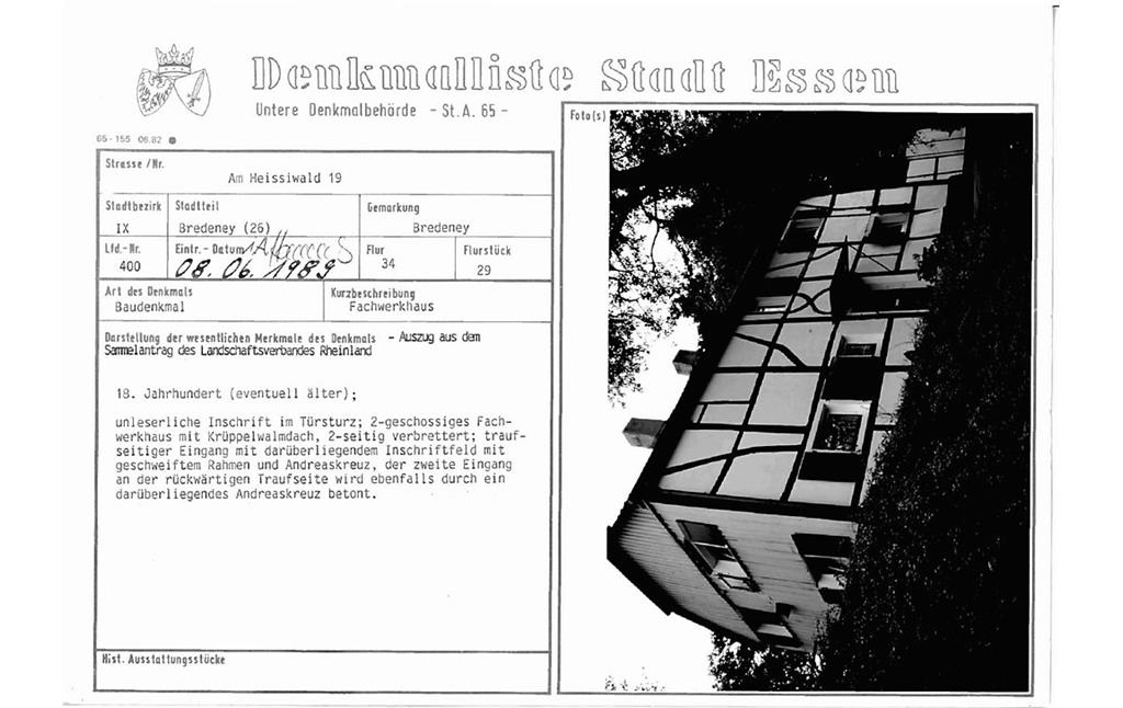 Denkmallistenblatt des Denkmals Fachwerkhaus Am Heissiwald 19 (Denkmallistennummer A 400) der Stadt Essen
