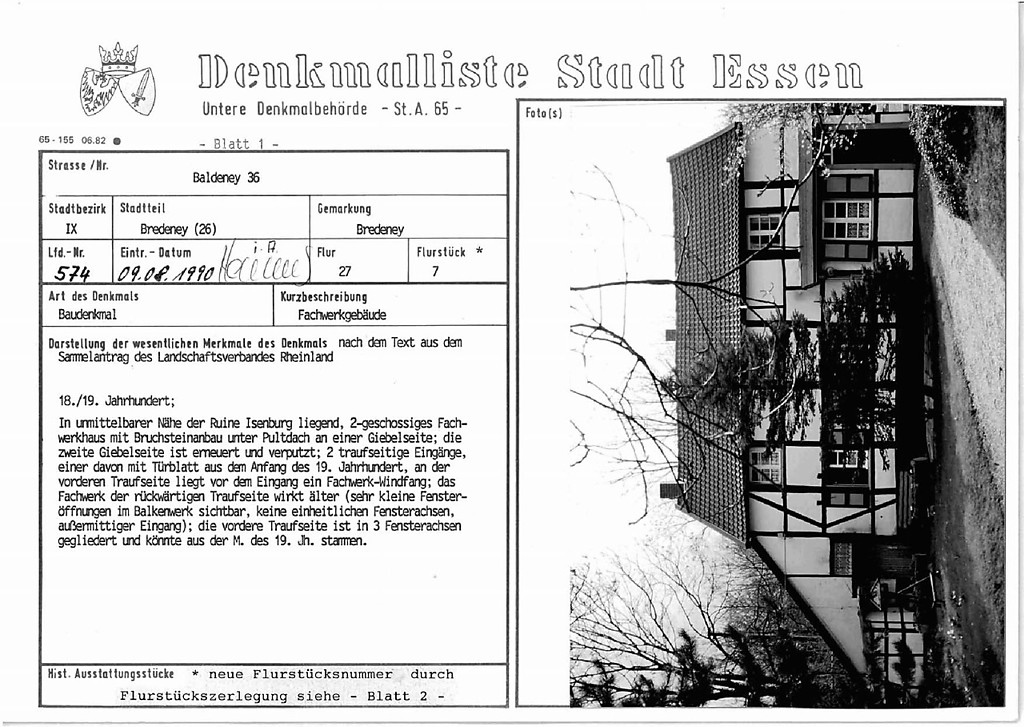 Denkmallistenblatt des Denkmals Fachwerkgebäude Baldeney 36 (Denkmallistennummer A 574) der Stadt Essen