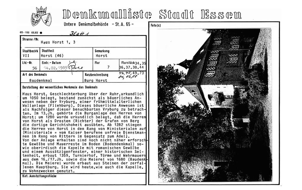 Scan der Eintragungskarte der Denkmalliste der Stadt Essen: Baudenkmal Haus Horst