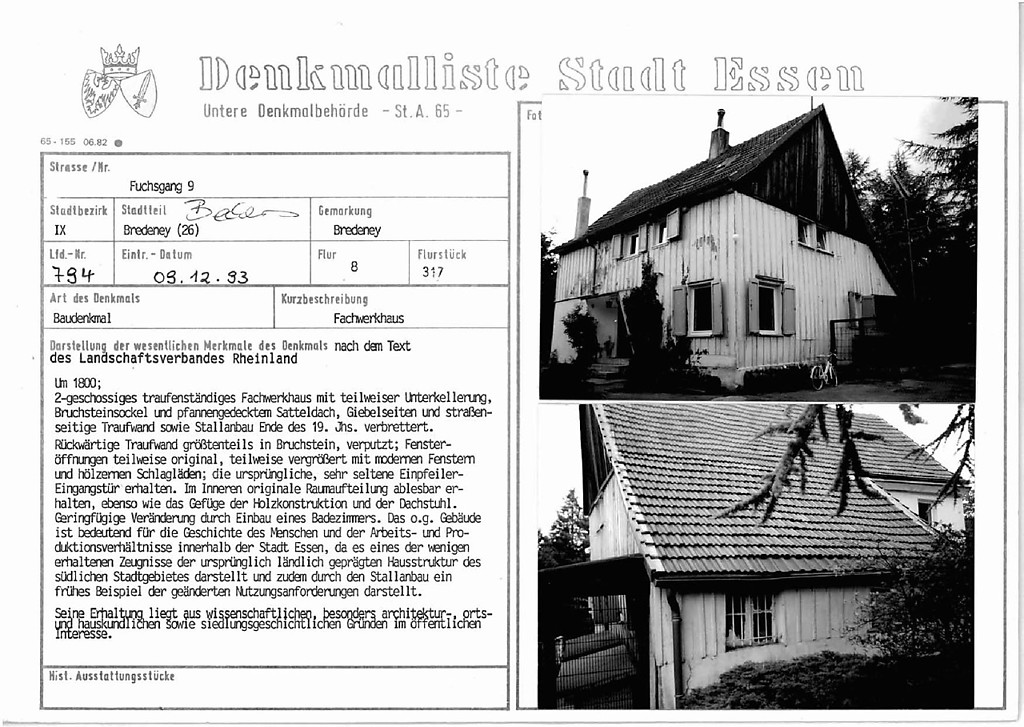Denkmallistenblatt des Denkmals Fachwerkhaus Fuchsgang 9 (Denkmallistennummer A 794) der Stadt Essen