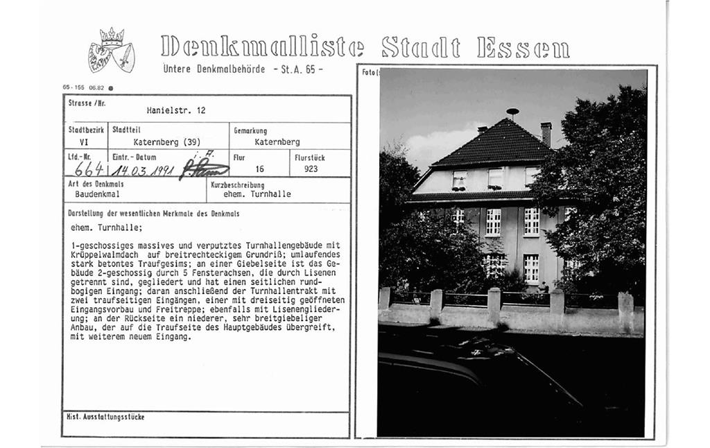 Eintragungsblatt Untere Denkmalbehörde Essen Ehemalige Turnhalle Hanielstraße in Katernberg