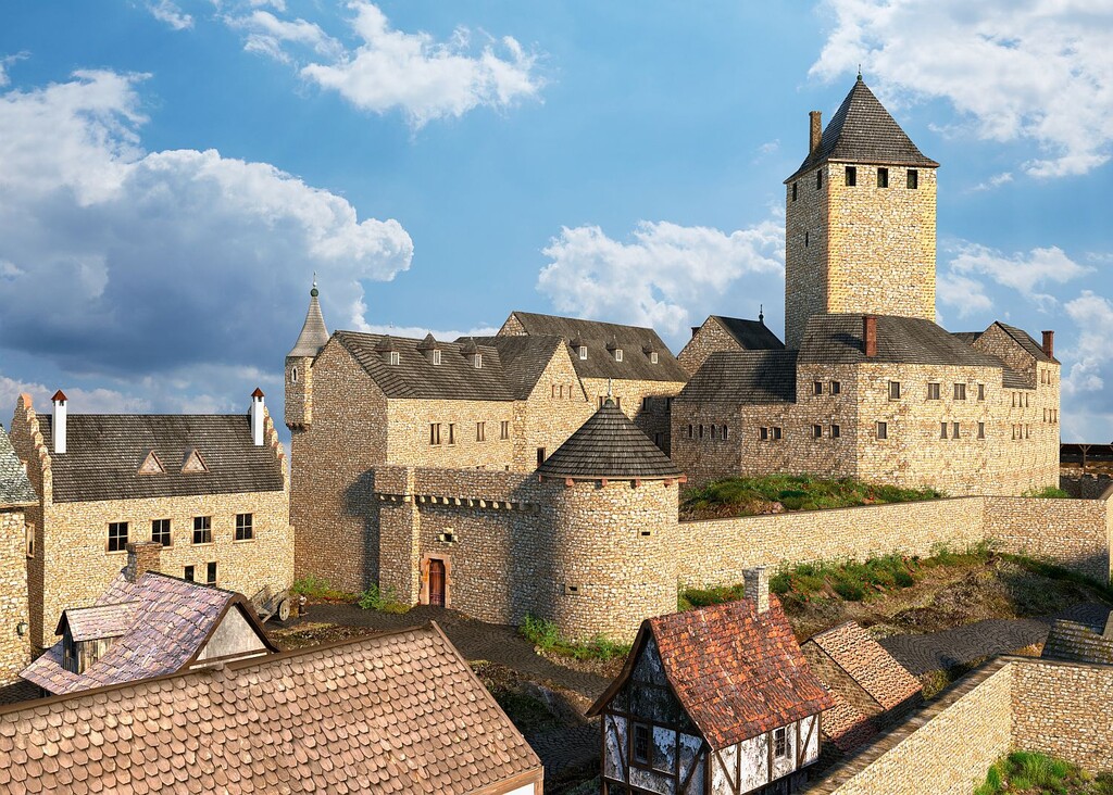 Rekonstruktionsvorschlag des Westbefestigung der Oberburg von Burg Lichtenberg von Westen aus (2023)
