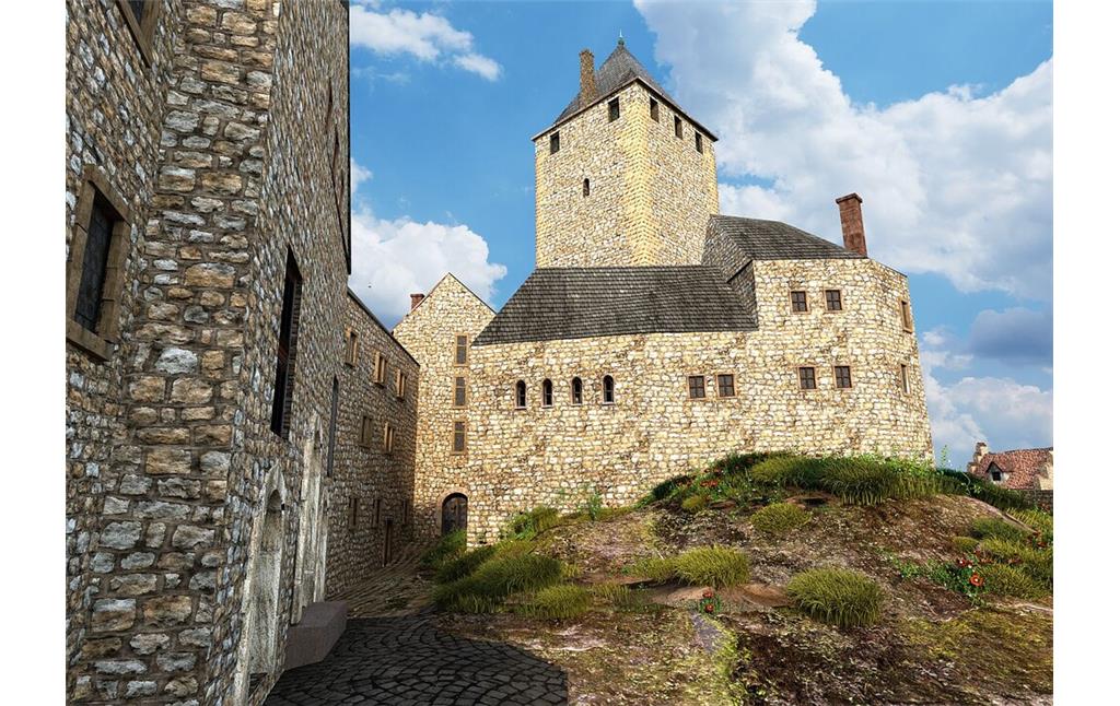 Rekonstruktionsvorschlag der Gasse zum Torhaus im Bereich der Oberburg von Burg Lichtenberg (2023)
