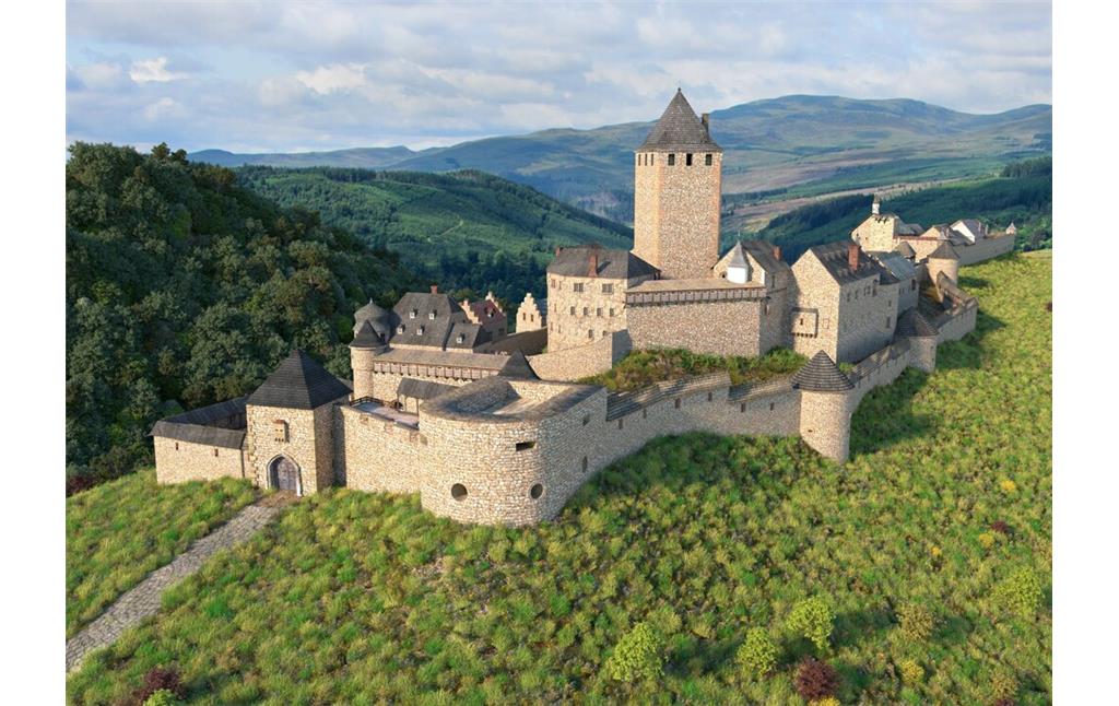 Rekonstruktionsvorschlag der Burg Lichtenberg bei Thallichtenberg von Nord-Osten (2023)