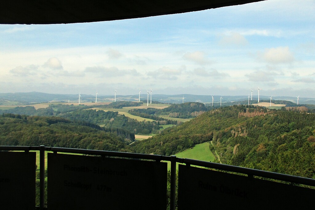 Blick von der Aussichtsplattform auf den Richtfunkturm Gänsehalsturm bei Bell in Richtung der zahlreichen Windräder zwischen den Orten Rieden und Weibern (2020).