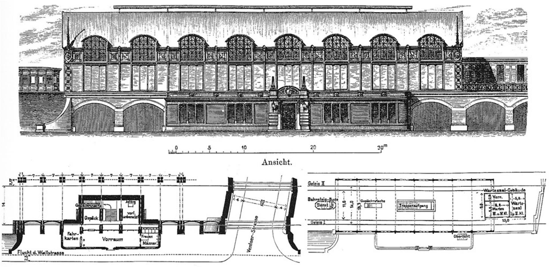 Die historische Planzeichnung zeigt einen Querschnitt des Bahnhofsgebäudes Köln-West. &copy; Walter Buschmann / Landschaftsverband Rheinland