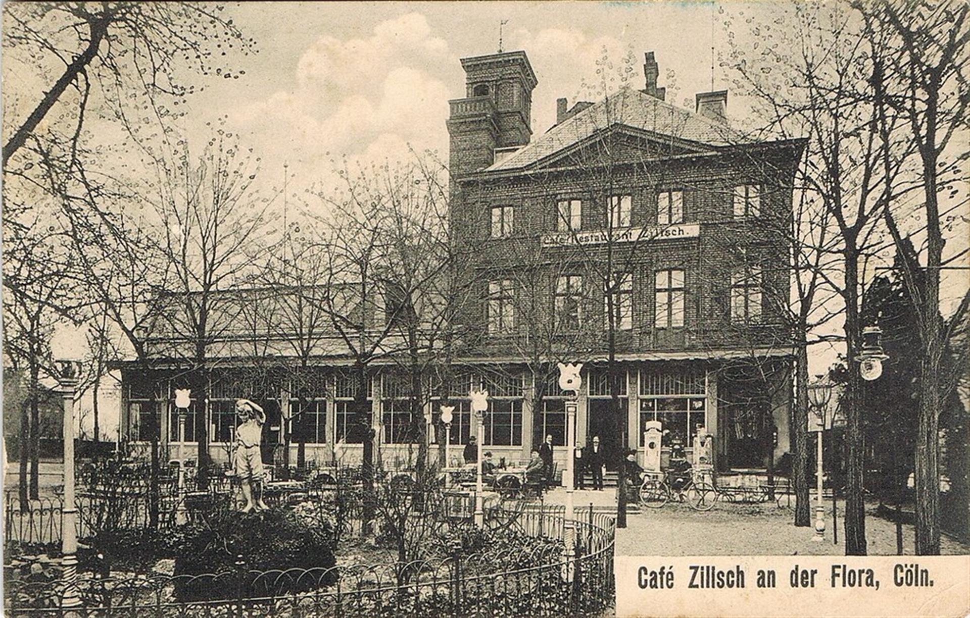 Historische Postkarte (um 1915): Ansicht der seit 1902 als "Café Zilisch" geführten Gastronomiebetriebs (zuvor "Café Maus") nahe des Zoologischen Gartens und des Botanischen Gartens "Flora" in Köln-Riehl. &copy; Joachim Brokmeier (Sammlung Brokmeier)
