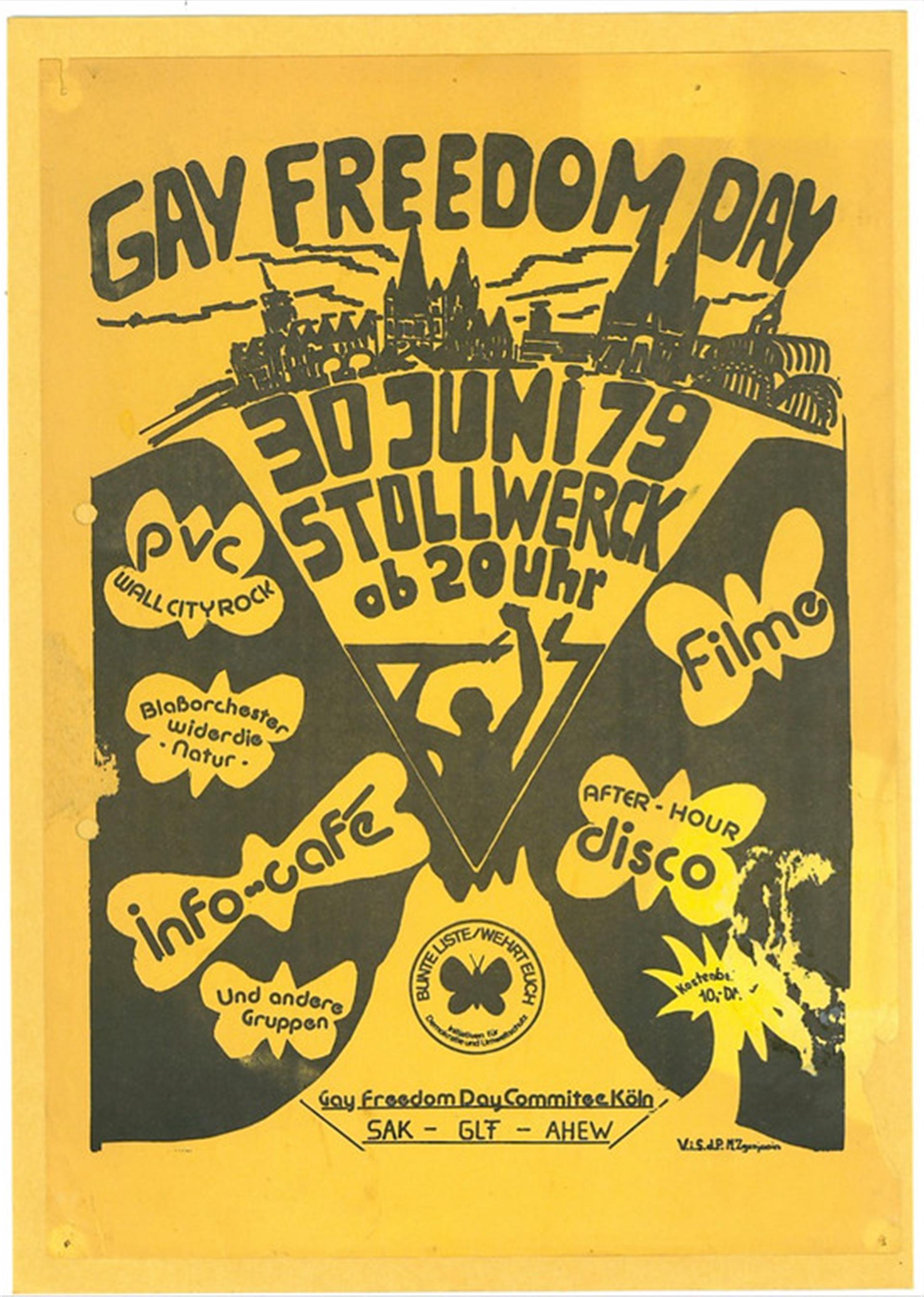Plakat zu dem am 30. Juni 1979 erstmals in Köln gefeierten "Christopher Street Day" (CSD). Veranstaltungen unter dem Slogan "Gay Freedom Day" finden auf dem wenig später besetzten Stollwerck-Gelände statt. &copy; Raimer, Peter / Archiv: Centrum Schwule Geschichte e.V., Köln / CC BY-SA 4.0