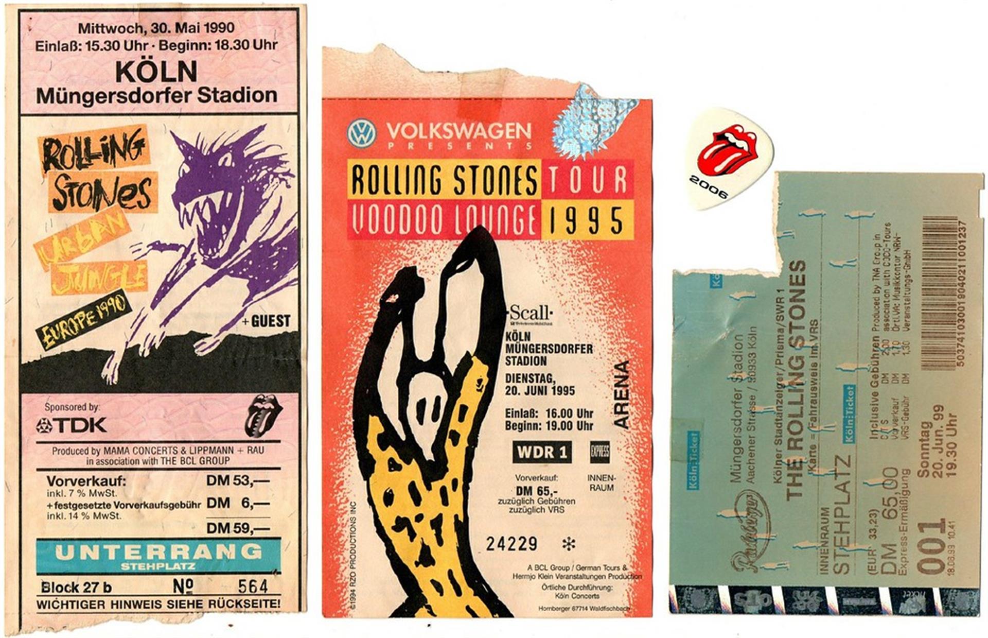 Eintrittskarten zu Konzerten der 'Rolling Stones' im Müngersdorfer Stadion in Köln aus den Jahren 1990, 1995 und 1999. &copy; Knöchel, Franz-Josef / CC-BY-SA 3.0