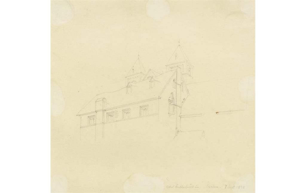 Skizze aus der graphischen Sammlung des Städel, die das Haus Korbisch in Treis-Karden von der Moselseite zeigt, die heute größtenteils vom Bahndamm verdeckt wird (1858)