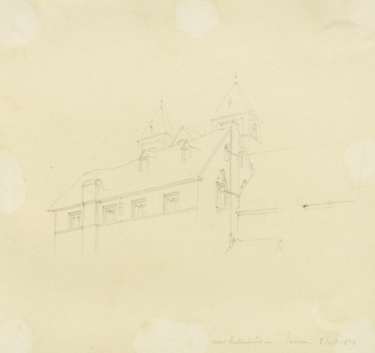 Skizze aus der graphischen Sammlung des Städel, die das Haus Korbisch in Treis-Karden von der Moselseite zeigt, die heute größtenteils vom Bahndamm verdeckt wird (1858)