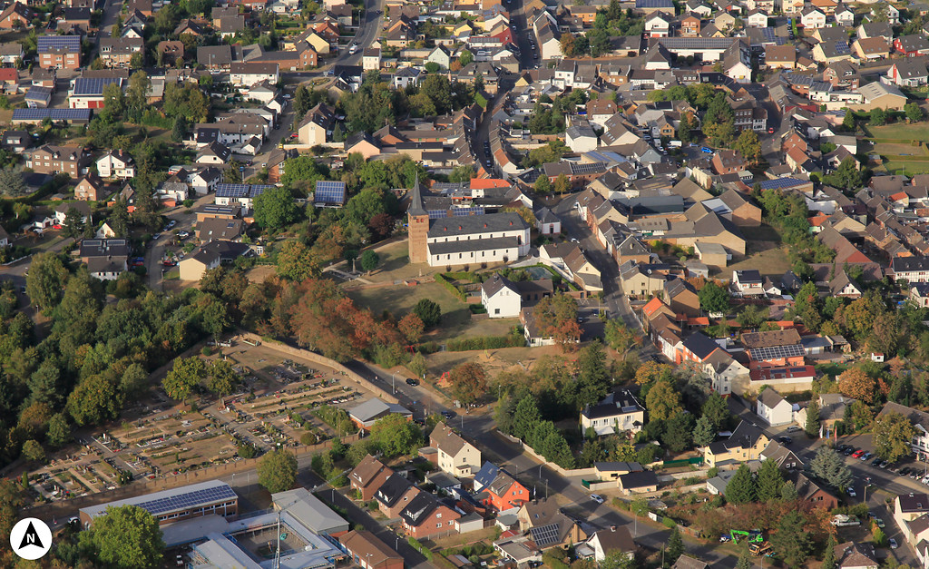 Luftbildaufnahme der Pfarrkirche St. Pankratius mit Nordpfeil (2018)