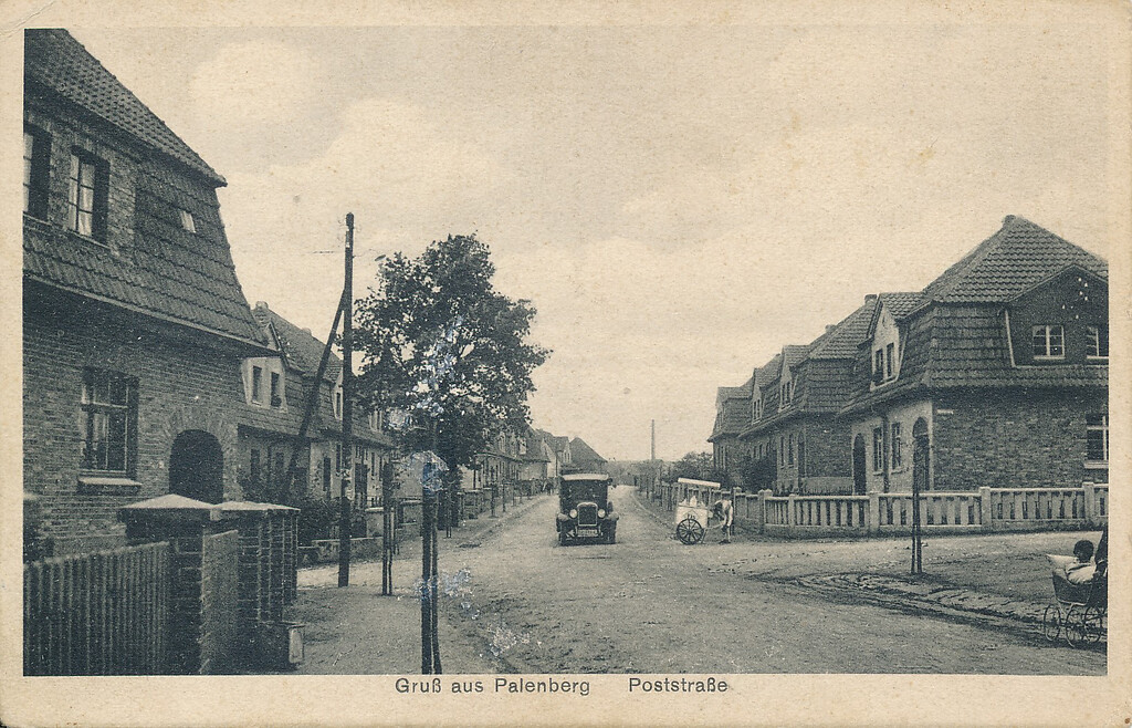 Werkssiedlung Palenberg, Ecke Poststraße und Mühlenweg, Blick nach Osten (Postkarte von 1938)