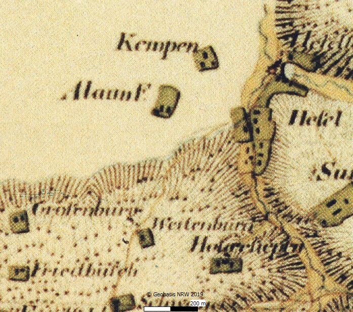 Das Alaunbergwerk "Engelsthal" (früher "Aurora")  in Velbert auf der Tranchot/Müfflingkarte von 1801-1828