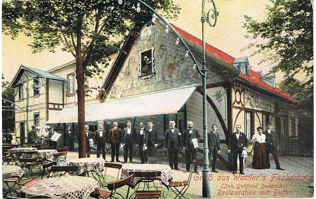 Mit "Gruß aus Wattler's Fischerhaus (Inh. Gottfreid Dederichs) Restauration mit Buffet" bezeichnete historische Postkarte aus dem Köln-Riehler Vergnügungsviertel "Goldene Ecke" (undatiert).