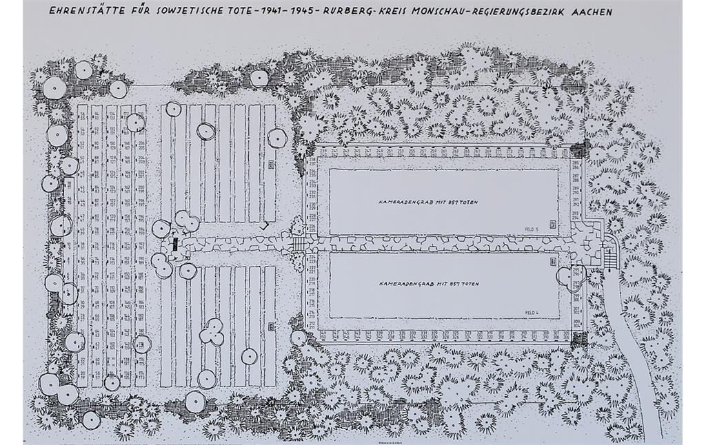 Bild 4: Heute noch gültige Planzeichnung der Gräberstätte Rurberg mit erstem und zweitem Bauabschnitt von Stadtgartenbauamtmann Heinrich Wienker (1961).